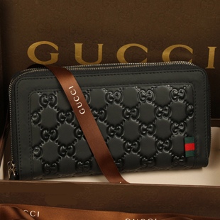 GUCCI グッチラバーコーティングレザー　ウェブループダブルジップ　ラウンドファスナー長財布 ブラック 295830